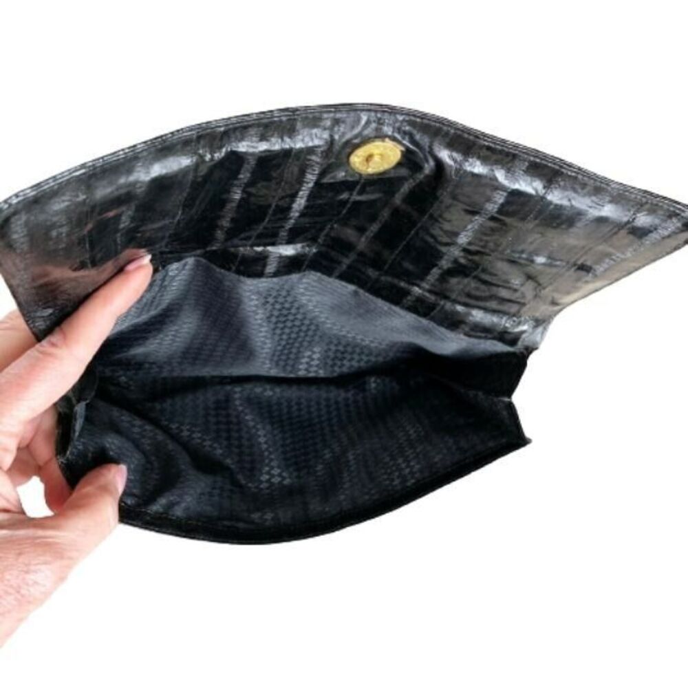 Black Genuine Eel Skin Envelope Clutch Bag Handbag with Pockets Nice! - Picture 3 of 9